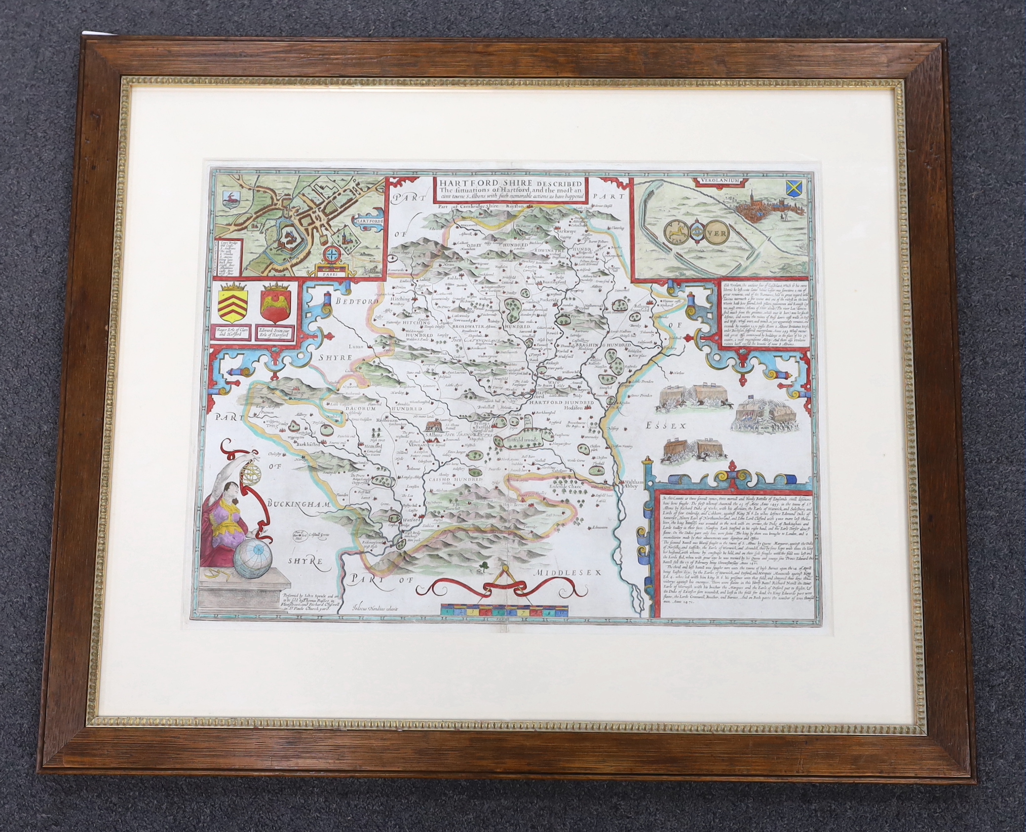 John Speed (1552-1629), mid 17th century hand coloured map of Hartfordshire, 39 x 52cm, text verso, sold by Thomas Bassett and Richard Chiswell